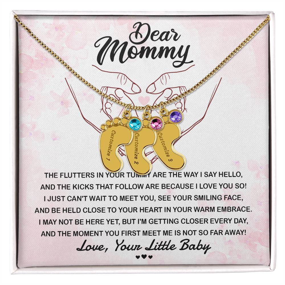 Dear Mommy I Can't Wait to Meet You Pregnancy Gift Engraved Name Baby Feet Pendant Necklace with Birthstone