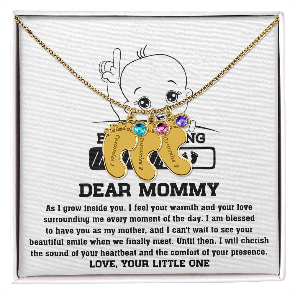 Dear Mommy Your Little One Can't Wait to See your Smile Engraved Name Baby Feet Pendant Necklace with Birthstone