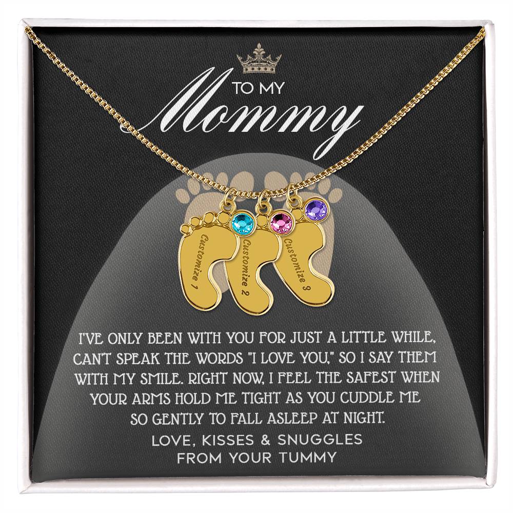 Gift for New Mom Engraved Name Baby Feet Pendant Necklace with Birthstone - I Love You with My Smile