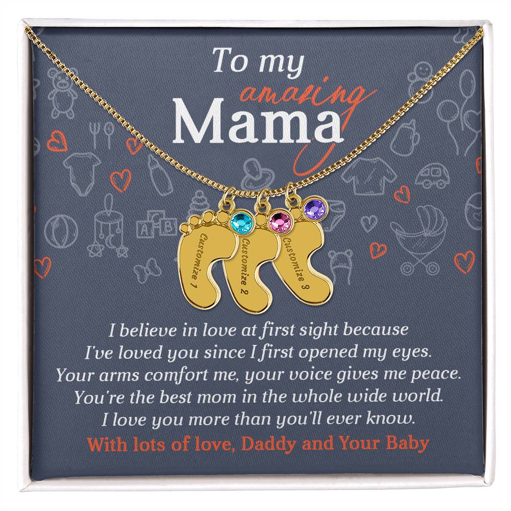 To My Amazing Mama I Believe in Love at First Sight Engraved Name Baby Feet Pendant Necklace with Birthstone