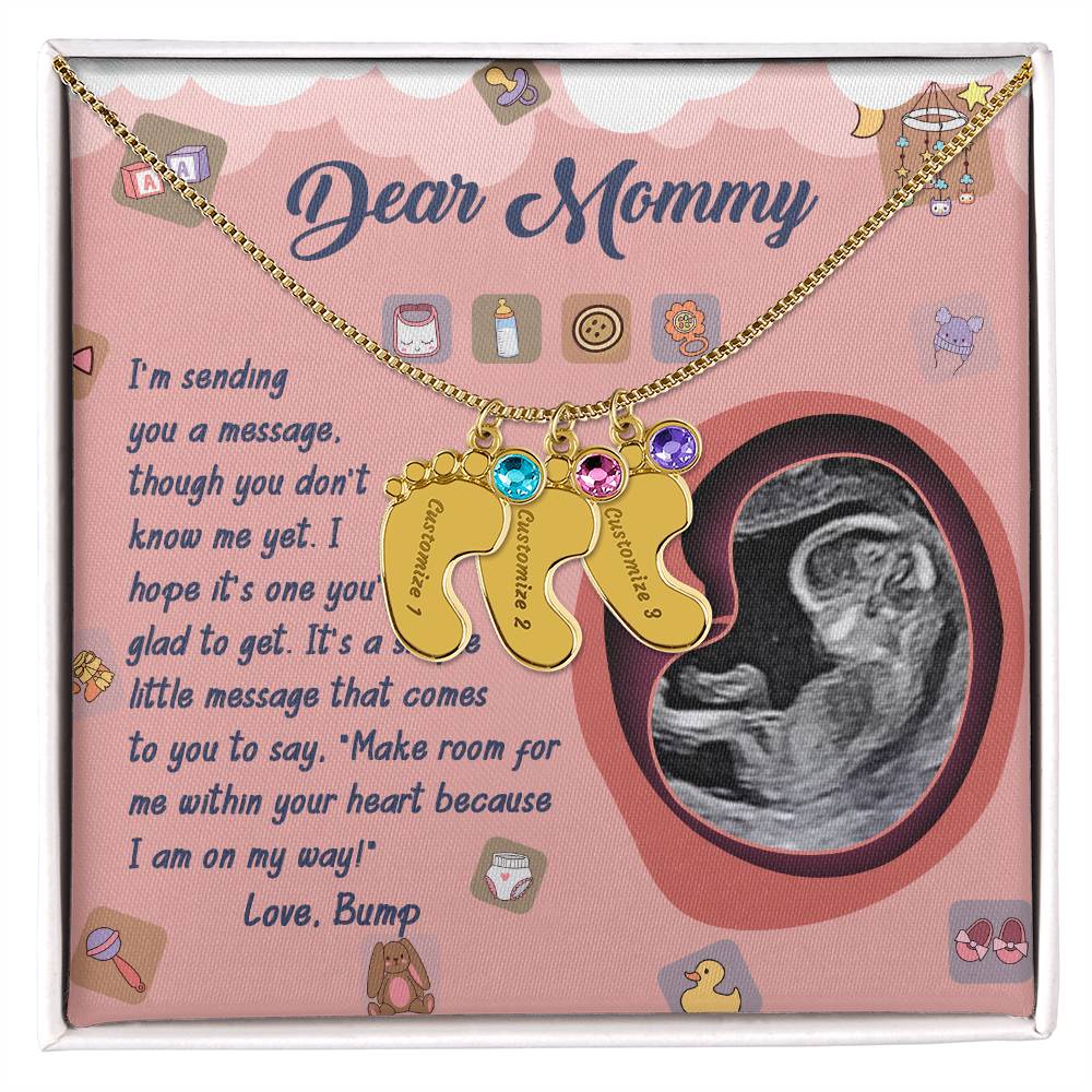 Dear Mommy I Am On My Way Baby Feet Engraved Name Charm Pendant Necklace with Birthstone