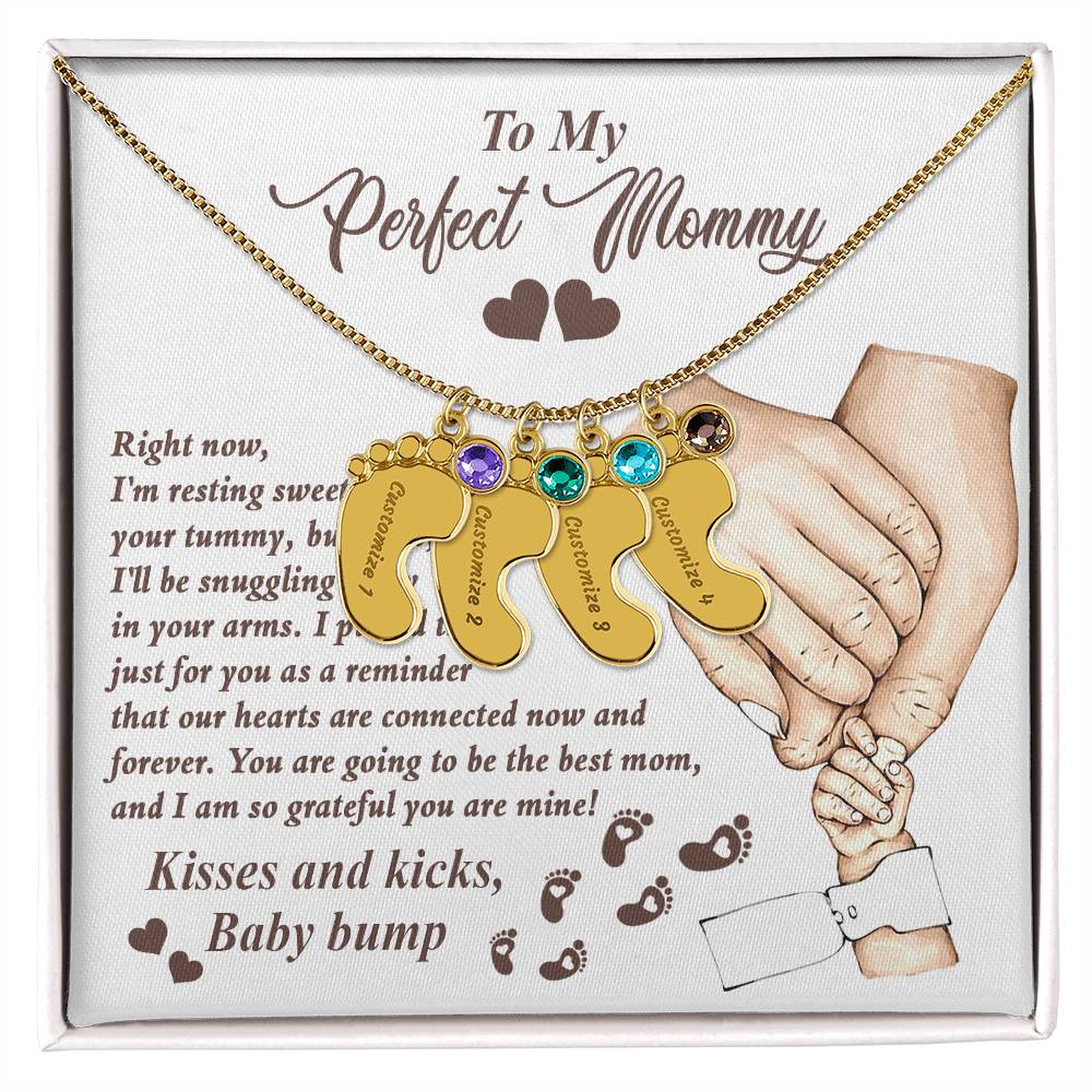 Gift for New Mom Kisses and Kicks from Baby Bump Engraved Name Baby Feet Pendant Necklace with Birthstone