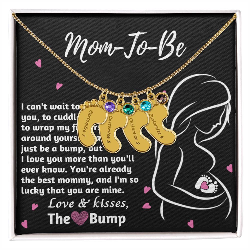 Mom-To-Be Love and Kisses From the Bump Engraved Name Baby Feet Pendant Necklace with Birthstone