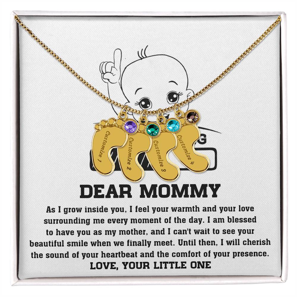 Dear Mommy Your Little One Can't Wait to See your Smile Engraved Name Baby Feet Pendant Necklace with Birthstone