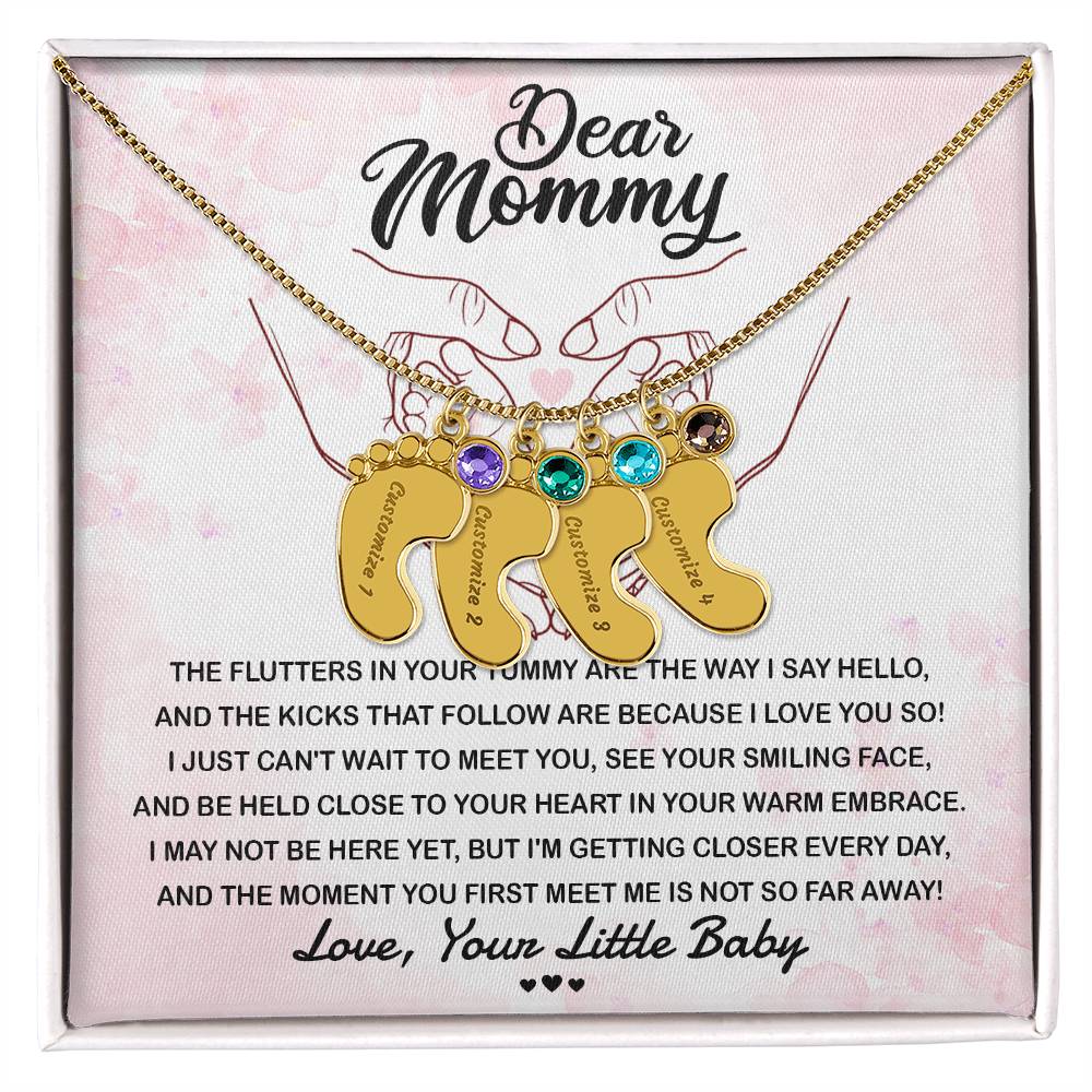 Dear Mommy I Can't Wait to Meet You Pregnancy Gift Engraved Name Baby Feet Pendant Necklace with Birthstone