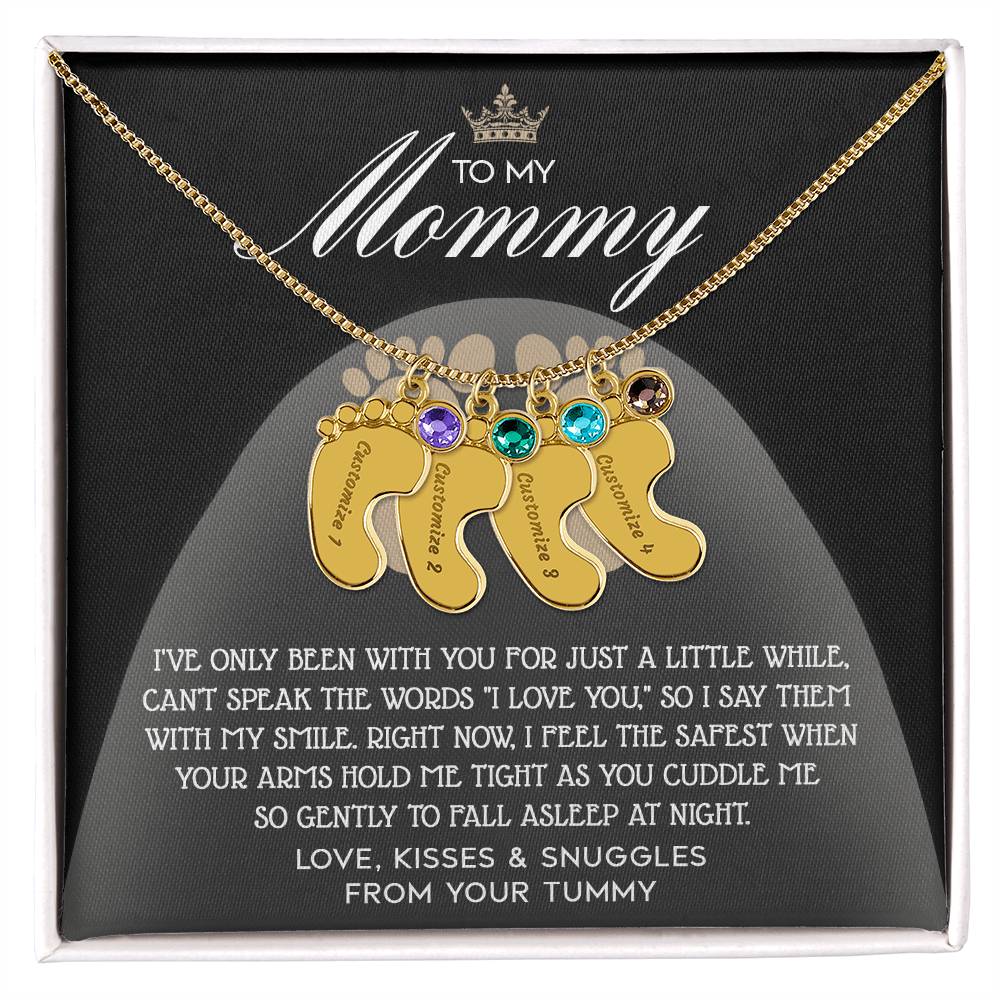 Gift for New Mom Engraved Name Baby Feet Pendant Necklace with Birthstone - I Love You with My Smile