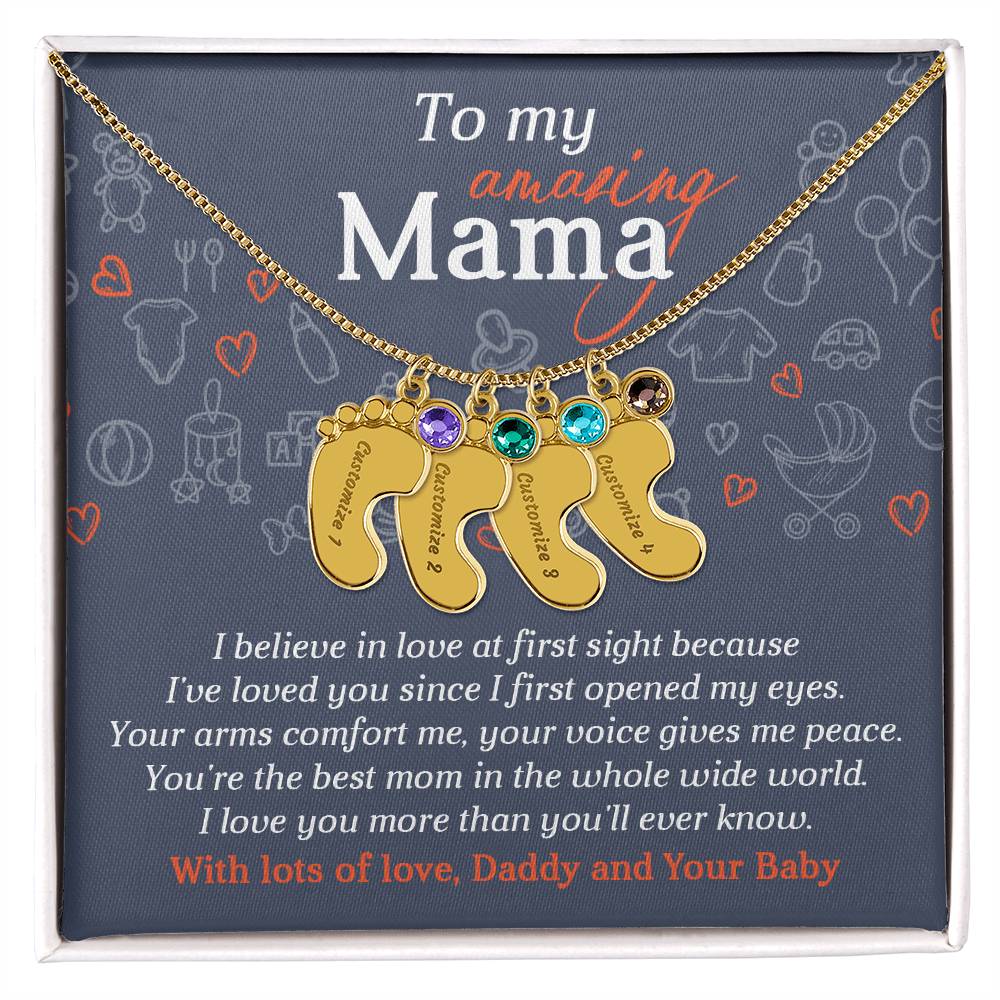 To My Amazing Mama I Believe in Love at First Sight Engraved Name Baby Feet Pendant Necklace with Birthstone