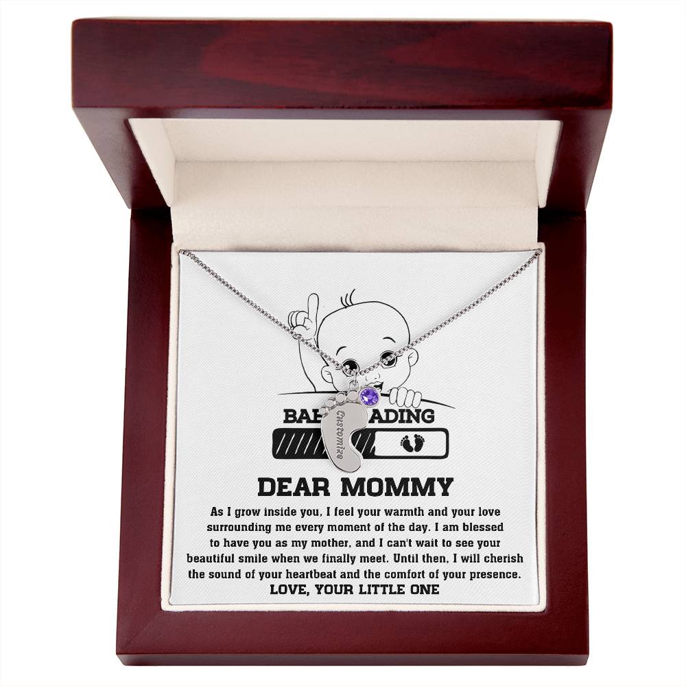 Dear Mommy Your Little One Can't Wait to See your Smile Engraved Name Baby Feet Pendant Necklace with Birthstone