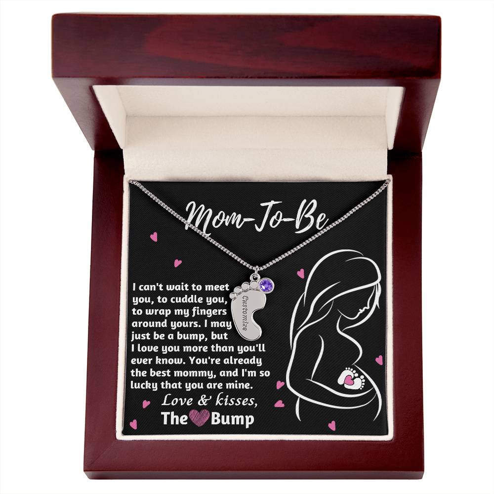 Mom-To-Be Love and Kisses From the Bump Engraved Name Baby Feet Pendant Necklace with Birthstone