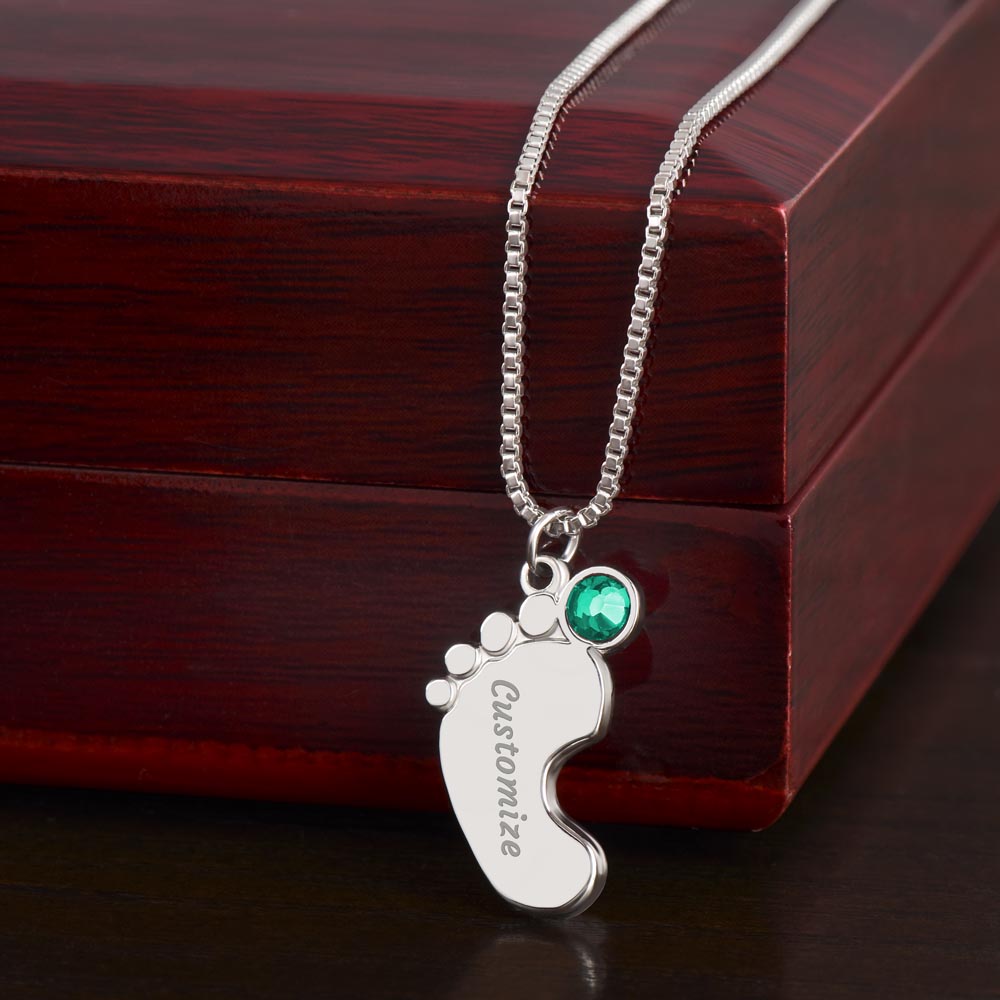 Dear Mommy I Am On My Way Baby Feet Engraved Name Charm Pendant Necklace with Birthstone