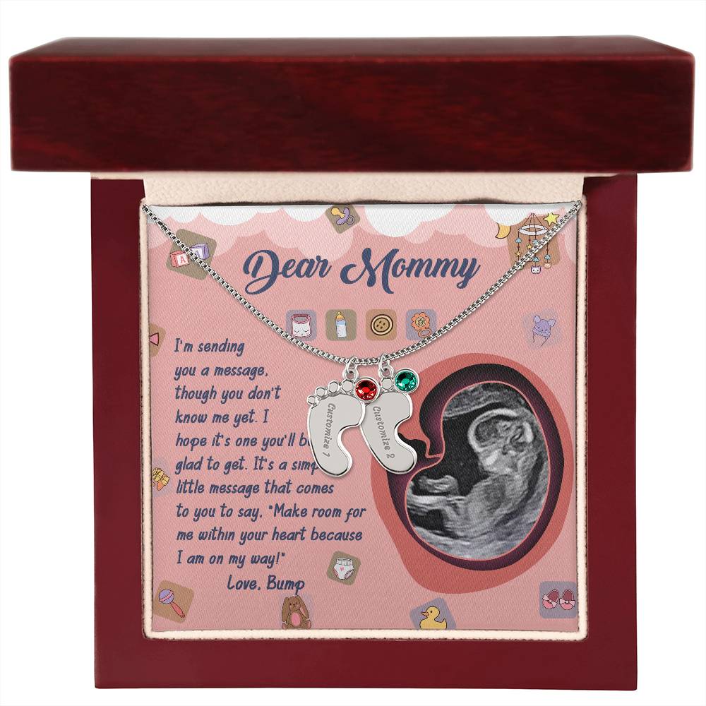 Dear Mommy I Am On My Way Baby Feet Engraved Name Charm Pendant Necklace with Birthstone