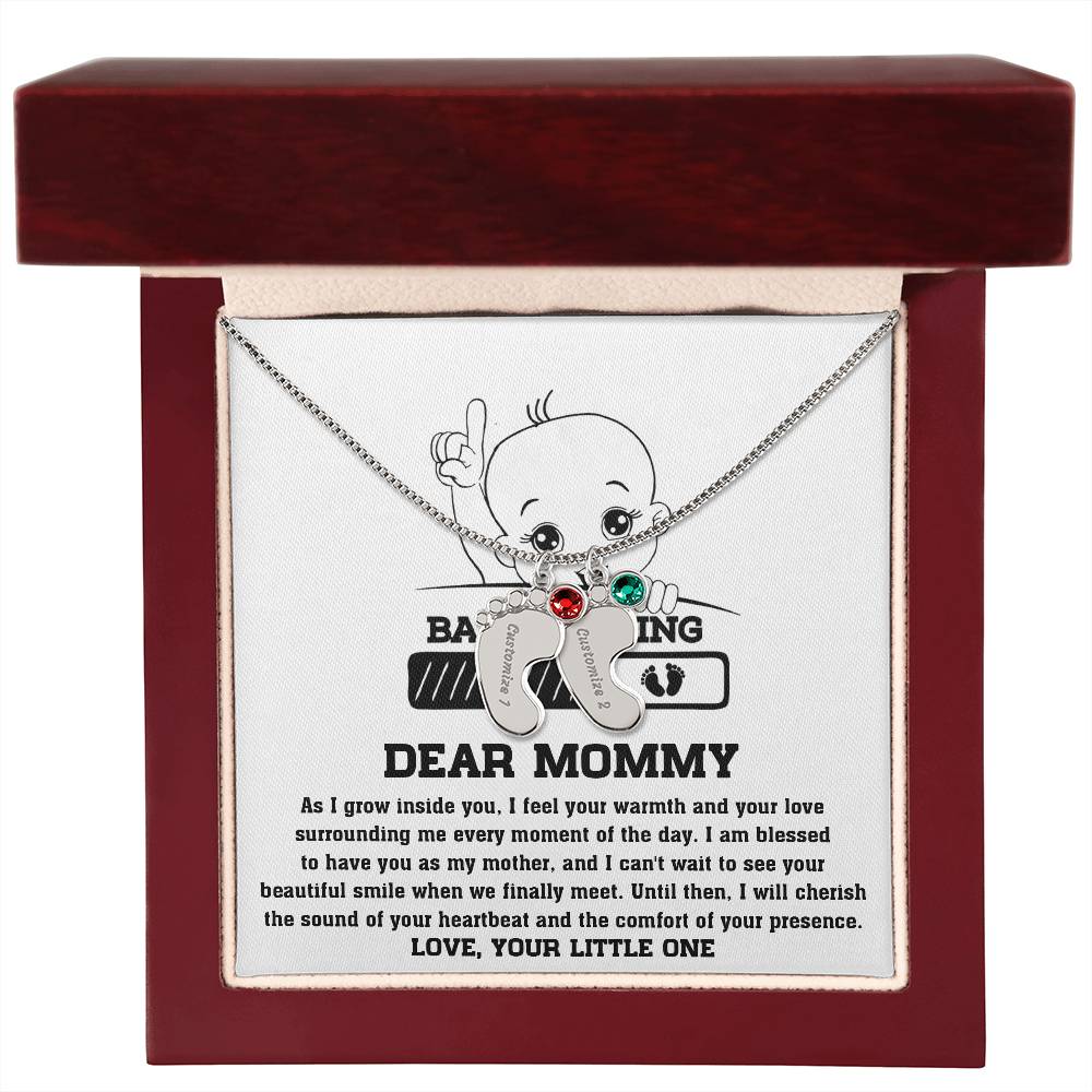 Dear Mommy Your Little One Can't Wait to See your Smile Engraved Name Baby Feet Pendant Necklace with Birthstone