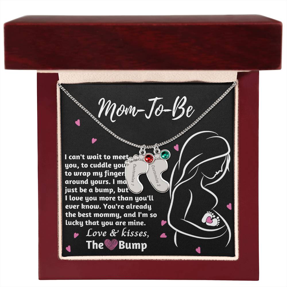 Mom-To-Be Love and Kisses From the Bump Engraved Name Baby Feet Pendant Necklace with Birthstone