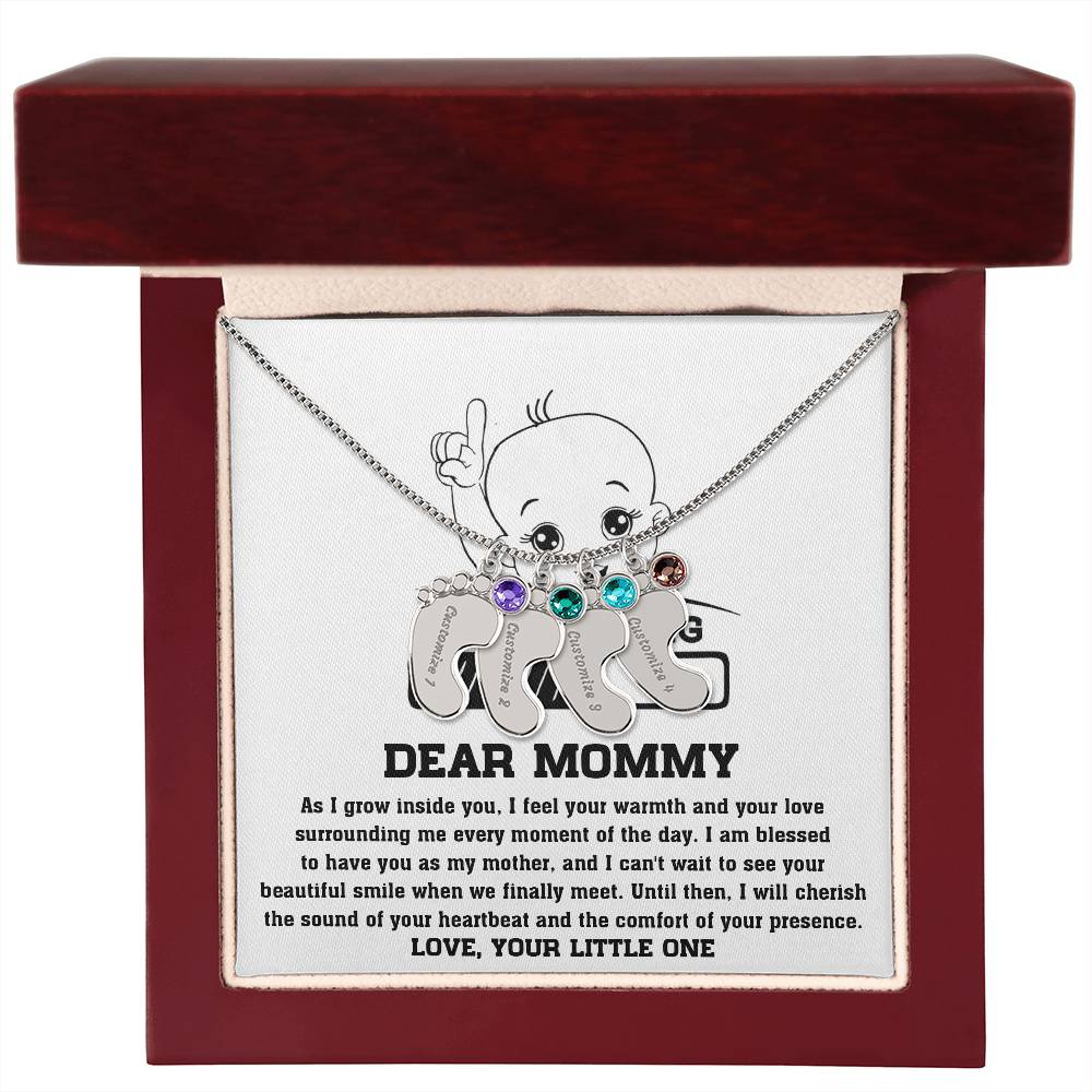 Dear Mommy Your Little One Can't Wait to See your Smile Engraved Name Baby Feet Pendant Necklace with Birthstone