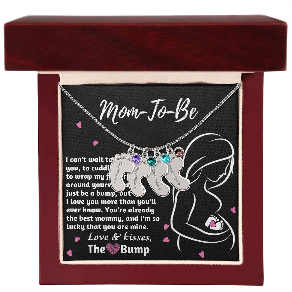 Mom-To-Be Love and Kisses From the Bump Engraved Name Baby Feet Pendant Necklace with Birthstone