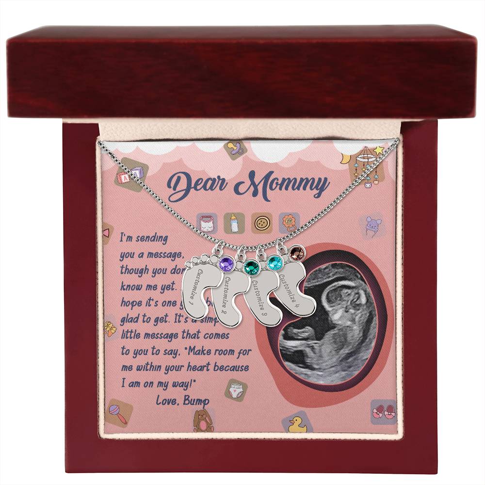 Dear Mommy I Am On My Way Baby Feet Engraved Name Charm Pendant Necklace with Birthstone