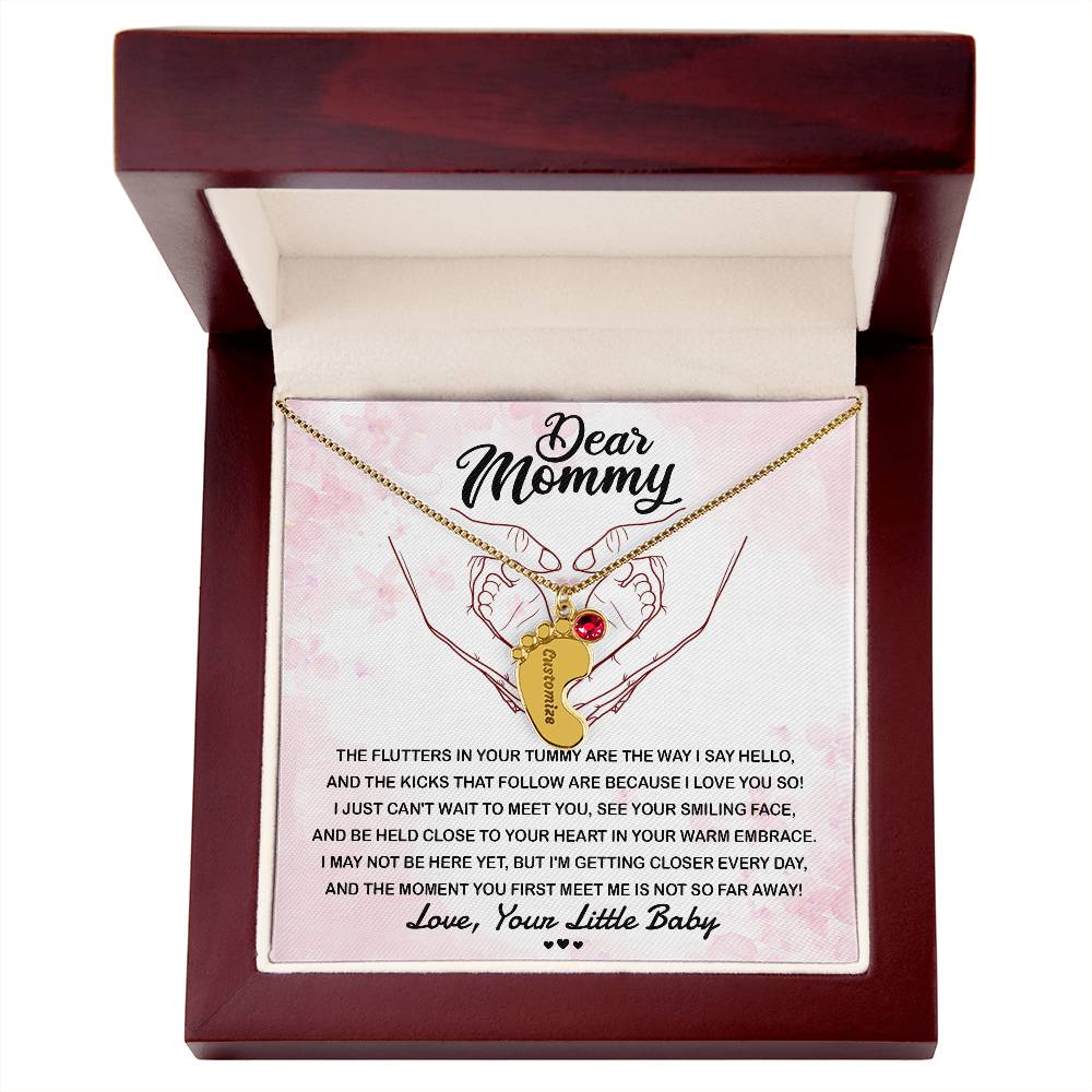 Dear Mommy I Can't Wait to Meet You Pregnancy Gift Engraved Name Baby Feet Pendant Necklace with Birthstone