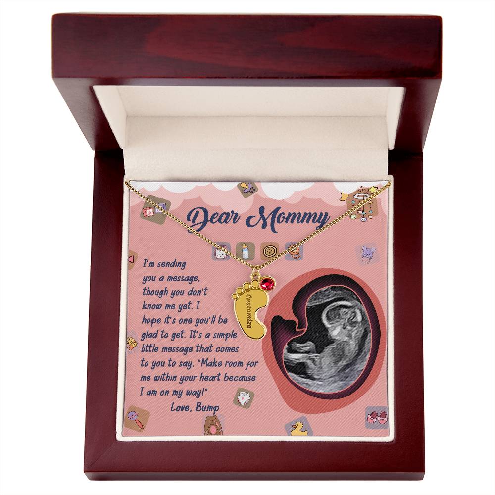 Dear Mommy I Am On My Way Baby Feet Engraved Name Charm Pendant Necklace with Birthstone