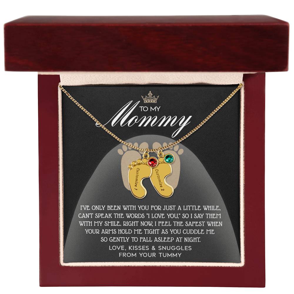 Gift for New Mom Engraved Name Baby Feet Pendant Necklace with Birthstone - I Love You with My Smile