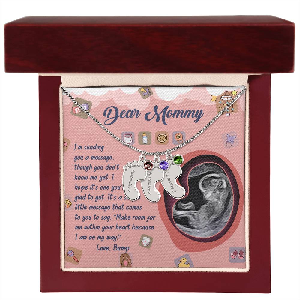 Dear Mommy I Am On My Way Baby Feet Engraved Name Charm Pendant Necklace with Birthstone