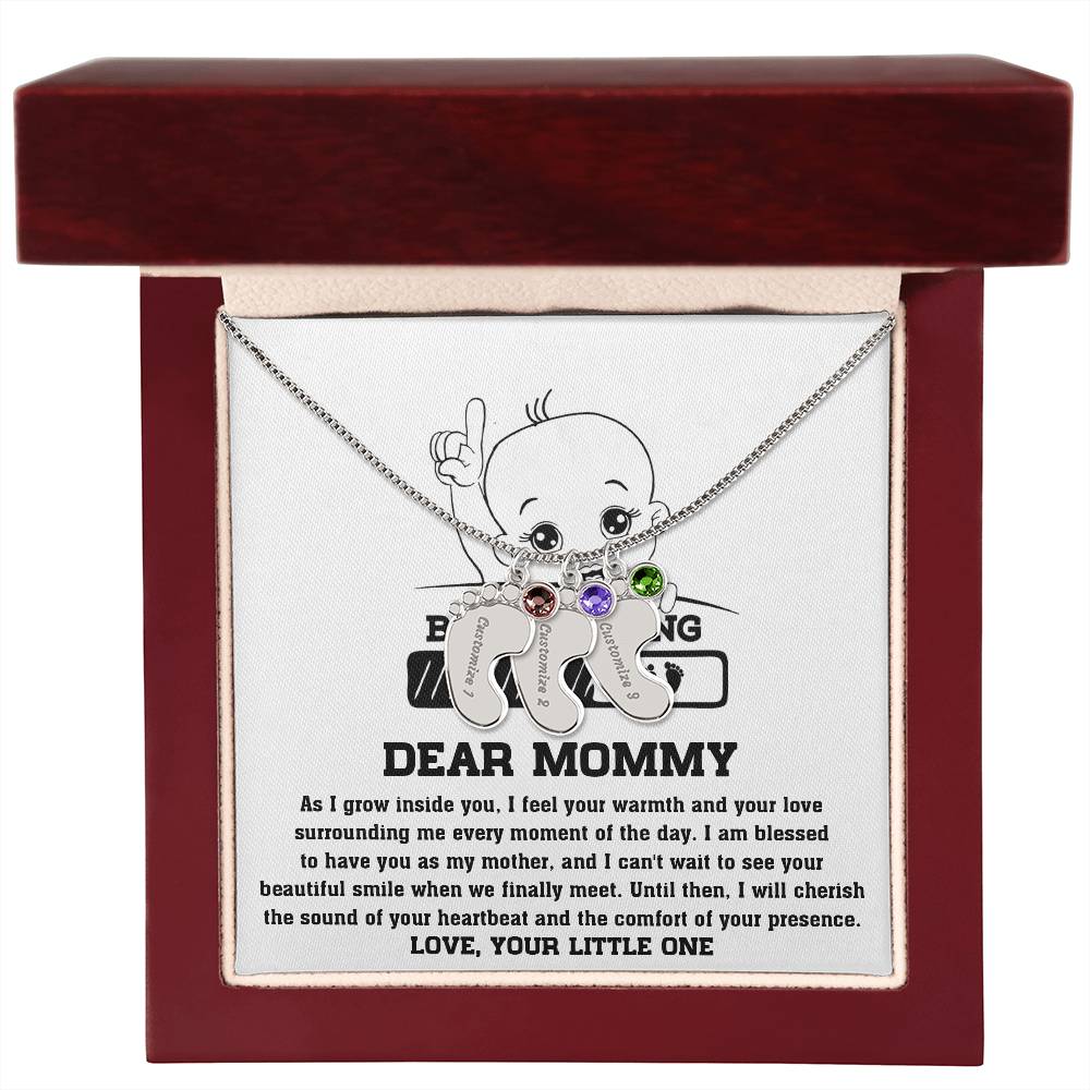 Dear Mommy Your Little One Can't Wait to See your Smile Engraved Name Baby Feet Pendant Necklace with Birthstone