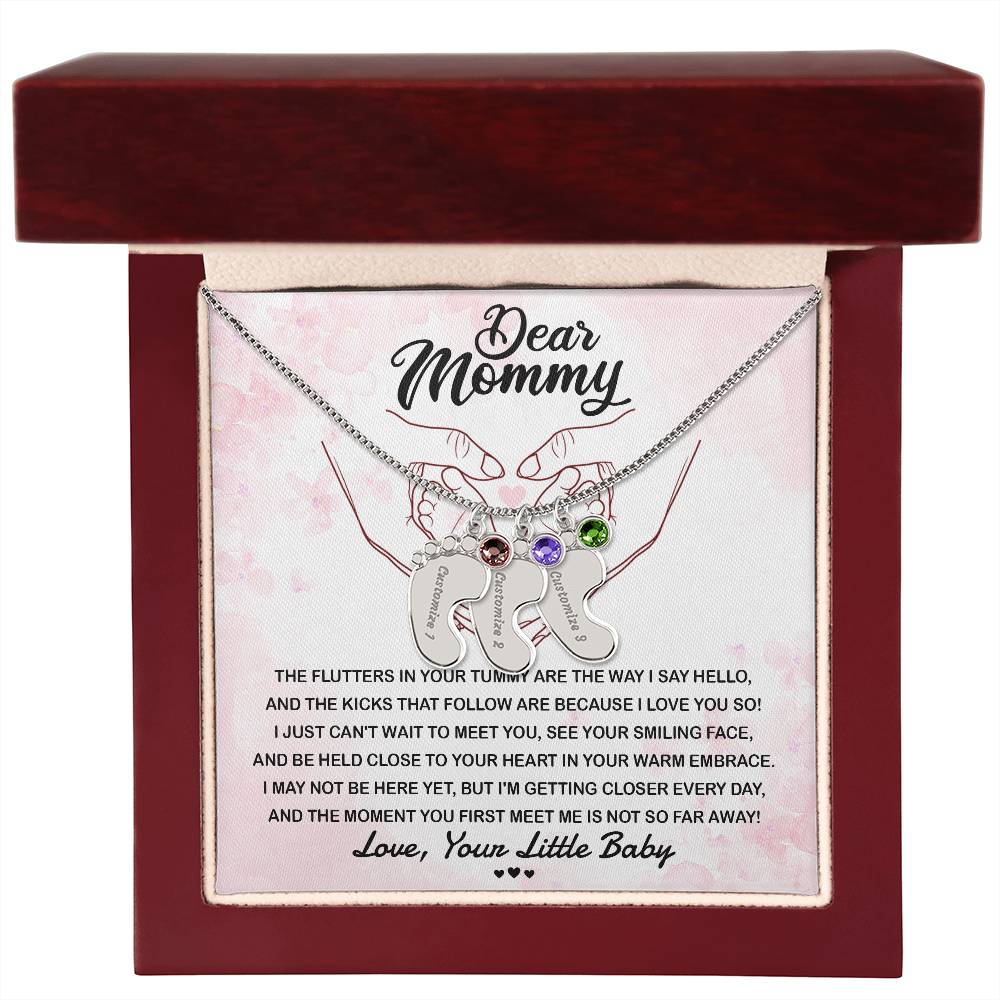 Dear Mommy I Can't Wait to Meet You Pregnancy Gift Engraved Name Baby Feet Pendant Necklace with Birthstone