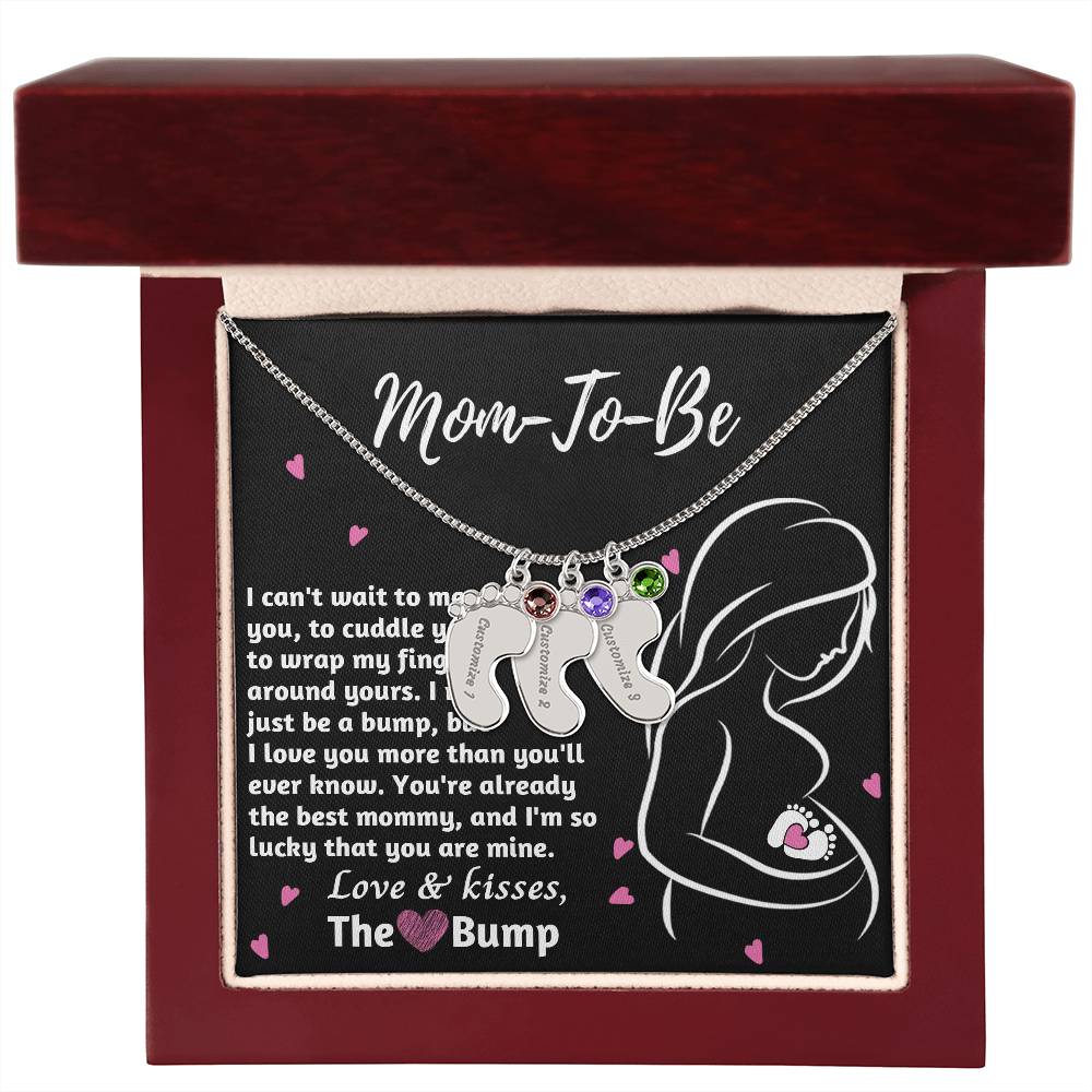 Mom-To-Be Love and Kisses From the Bump Engraved Name Baby Feet Pendant Necklace with Birthstone