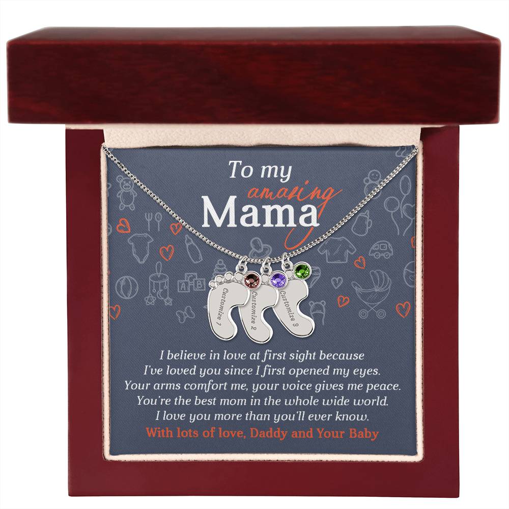 To My Amazing Mama I Believe in Love at First Sight Engraved Name Baby Feet Pendant Necklace with Birthstone