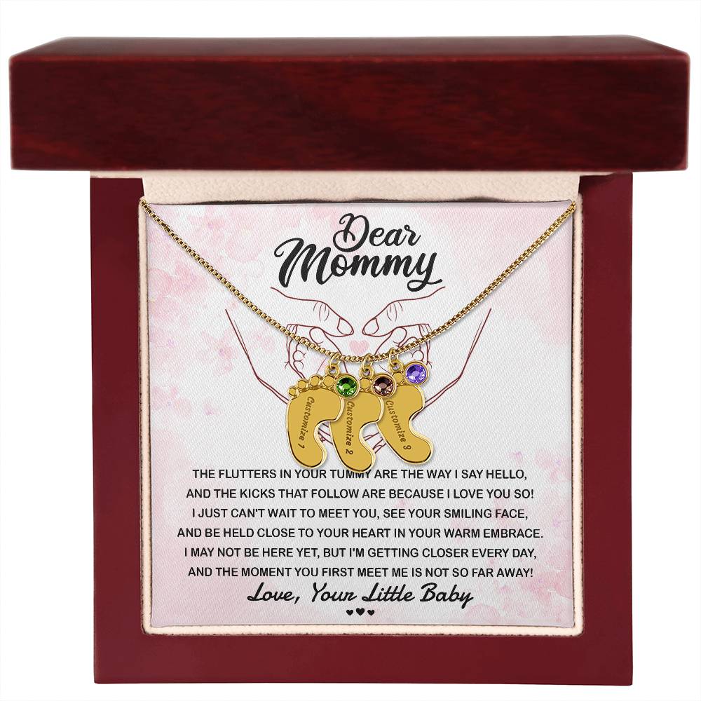 Dear Mommy I Can't Wait to Meet You Pregnancy Gift Engraved Name Baby Feet Pendant Necklace with Birthstone