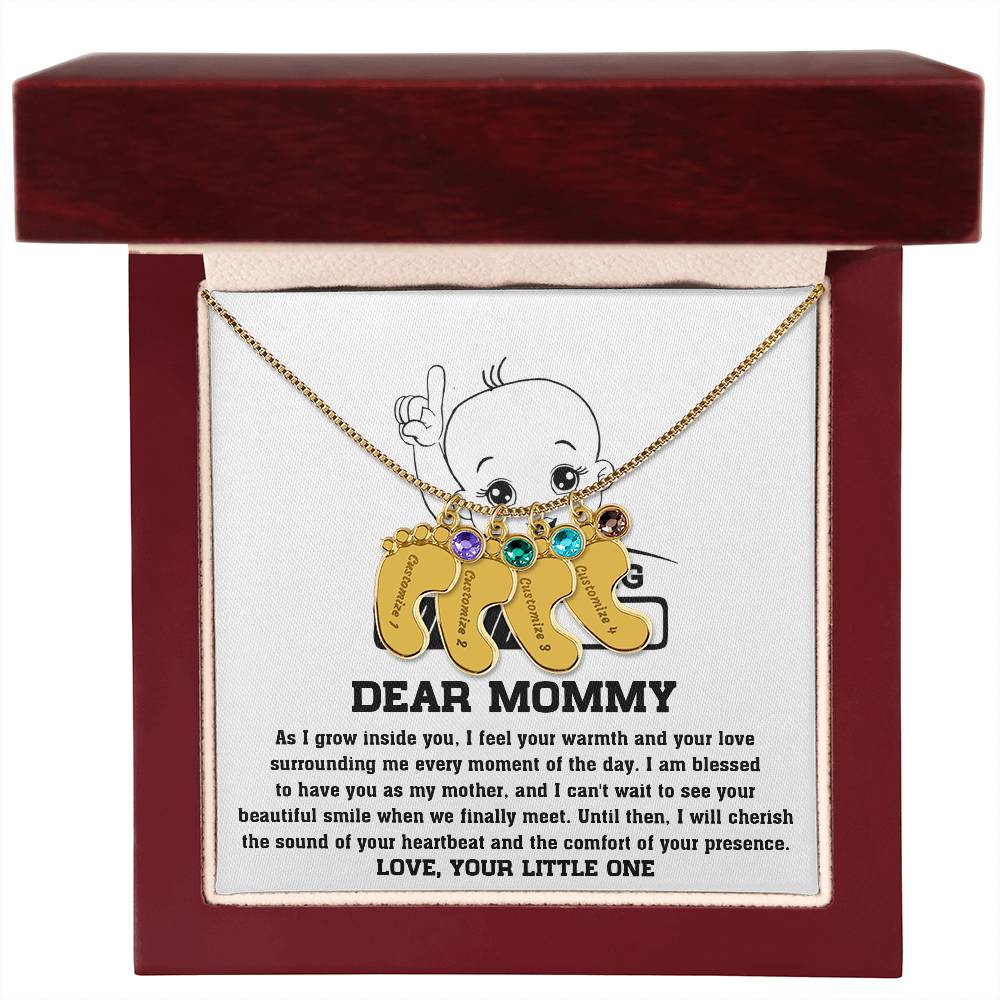 Dear Mommy Your Little One Can't Wait to See your Smile Engraved Name Baby Feet Pendant Necklace with Birthstone