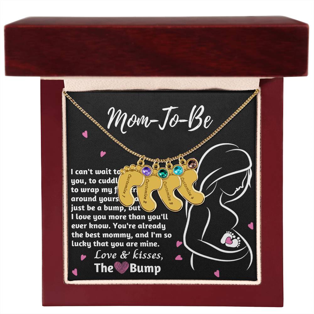 Mom-To-Be Love and Kisses From the Bump Engraved Name Baby Feet Pendant Necklace with Birthstone