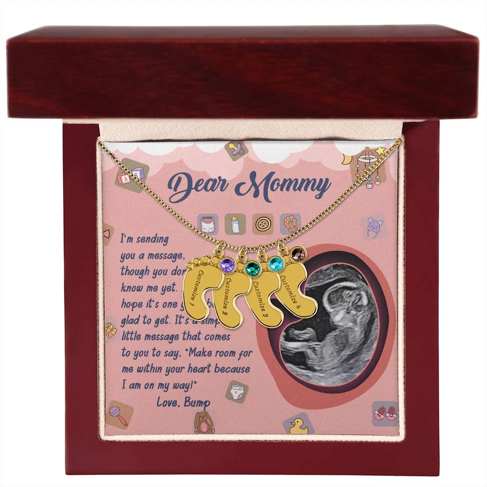 Dear Mommy I Am On My Way Baby Feet Engraved Name Charm Pendant Necklace with Birthstone