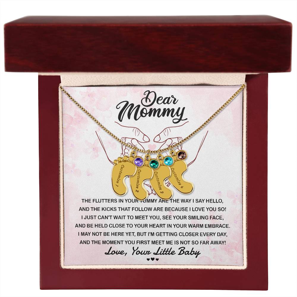 Dear Mommy I Can't Wait to Meet You Pregnancy Gift Engraved Name Baby Feet Pendant Necklace with Birthstone