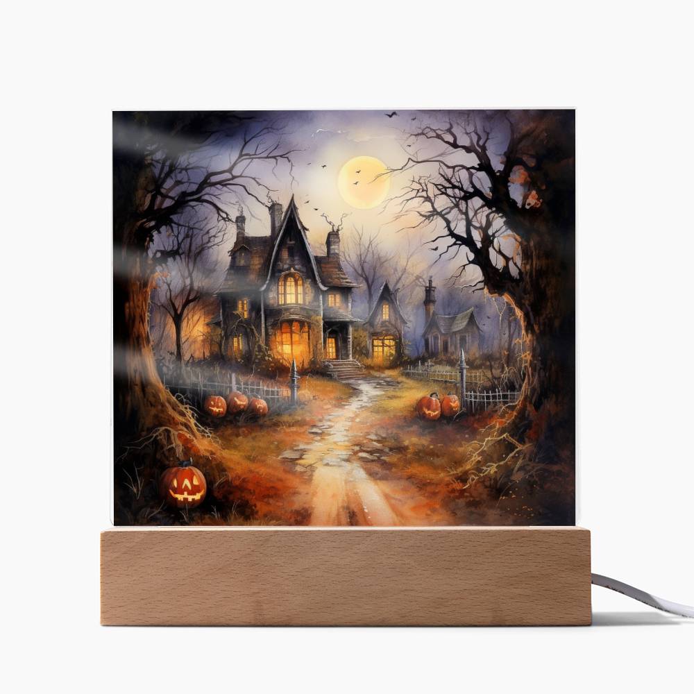 Ghostly Manor: Halloween Acrylic Square Plaque with LED Lighted Wooden Base