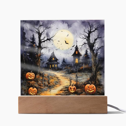 Halloween Haunt: Detailed Mansion Acrylic Plaque with LED Lighted Wooden Base