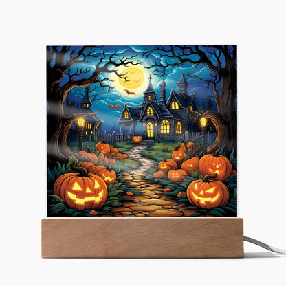 Halloween Decor Haunted Mansion Acrylic Square Plaque with LED Wooden Base