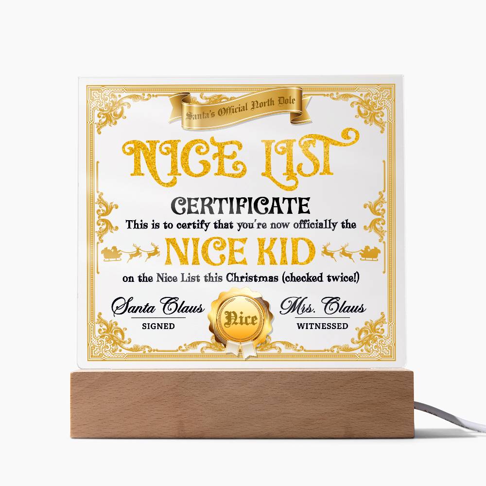 Christmas Decor - Nice Kid List Certificate Acrylic Square Plaque with LED Wooden Base