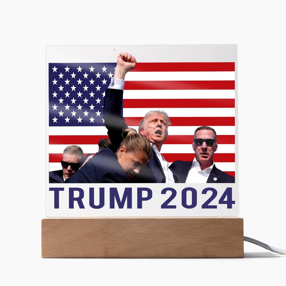 Trump 2024 Butler Rally Acrylic Plaque with LED Lighted Wooden Base