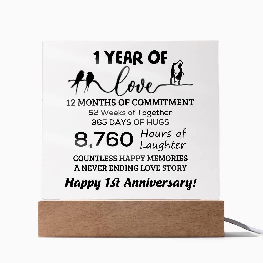 Anniversary Gift One Year of Love, Countless Happy Memories Acrylic Square Plaque with LED Wooden Base