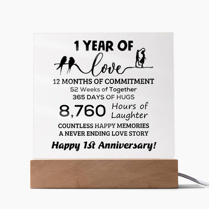 Anniversary Gift One Year of Love, Countless Happy Memories Acrylic Square Plaque with LED Wooden Base