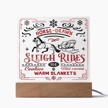 Christmas Horse Drawn Sleigh Rides Acrylic Square Plaque with LED Wooden Base