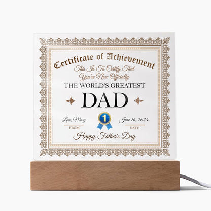 Gift For Dad Certificate of Achievement World's Greatest Dad Custom Acrylic Plaque