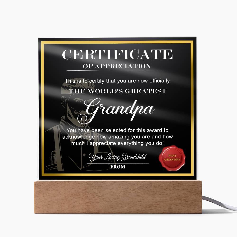 Certificate of Appreciation - The World's Greatest Grandpa Acrylic Plaque