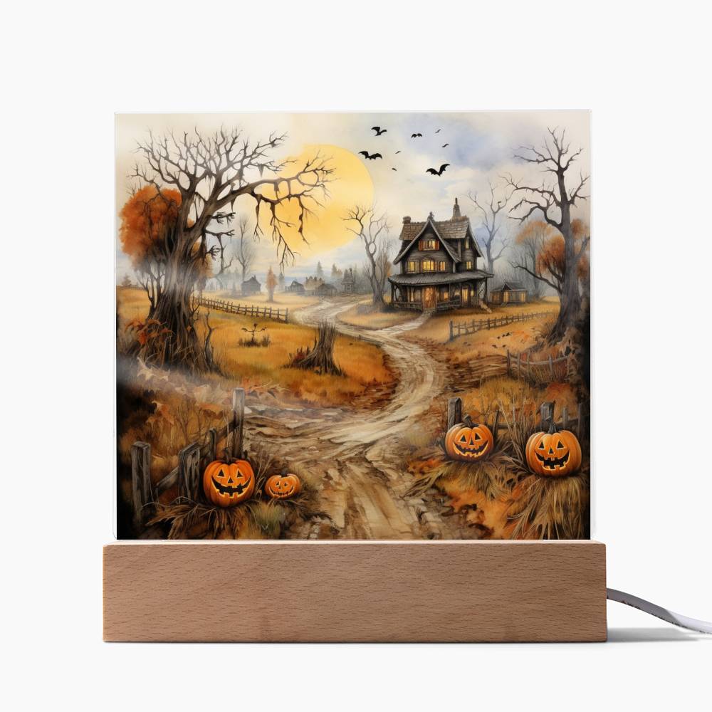 Haunted Elegance: Spooky Halloween Mansion Acrylic Square Plaque with LED Lighted Wooden Base