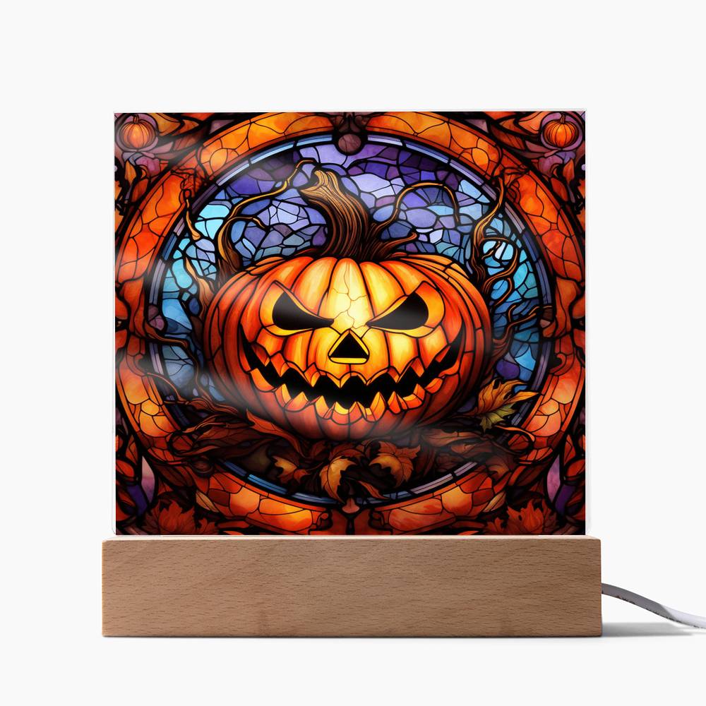 Halloween Pumpkin Stained-Glass Acrylic Square Plaque with LED Wooden Base