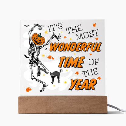 Halloween Decor - The Most Wonderful Time of the Year Acrylic Square Plaque with LED Wooden Base