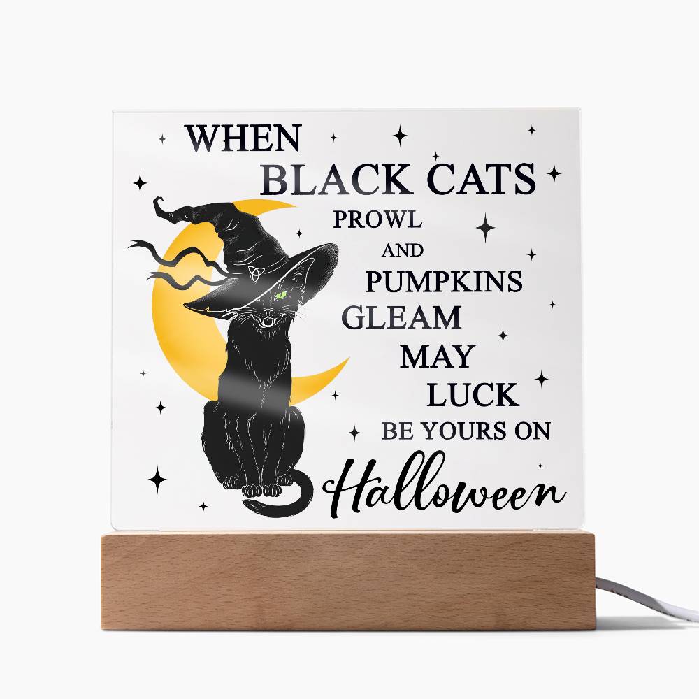 Halloween Decor - Black Cats and Pumpkins Gleam Acrylic Square Plaque with LED Wooden Base