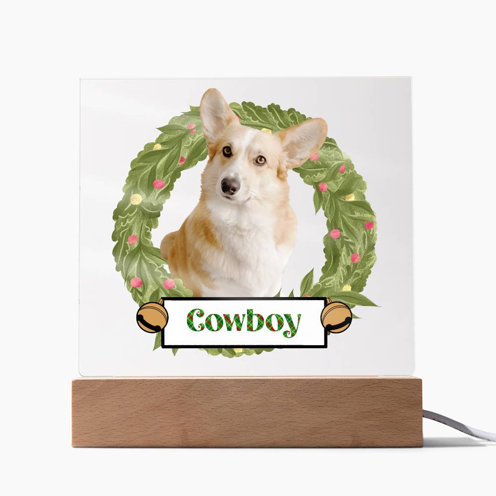 Pet Personalized Holiday Wreath Photo Upload Keepsake Acrylic Plaque with Lighted LED Wooden Base