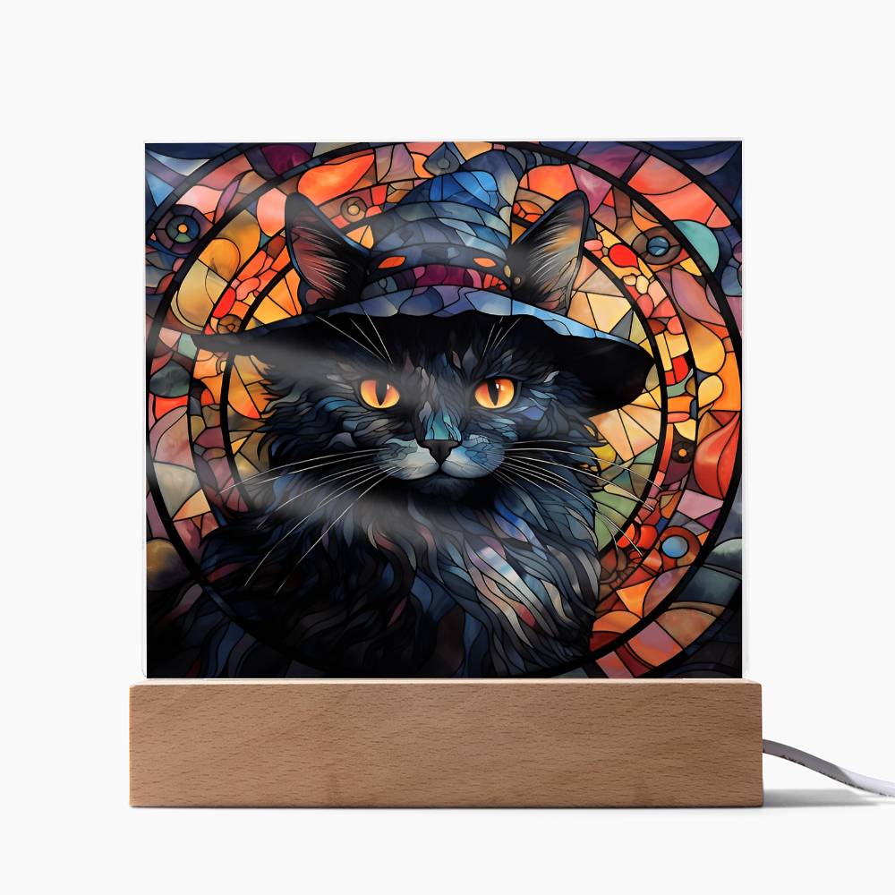 Halloween Decor - Spooky Black Cat Acrylic Square Plaque with LED Wooden Base