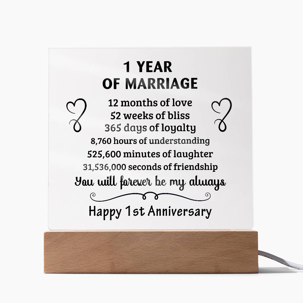 Anniversary Gift - One Year Of Marriage Acrylic Square Plaque with LED Wooden Base